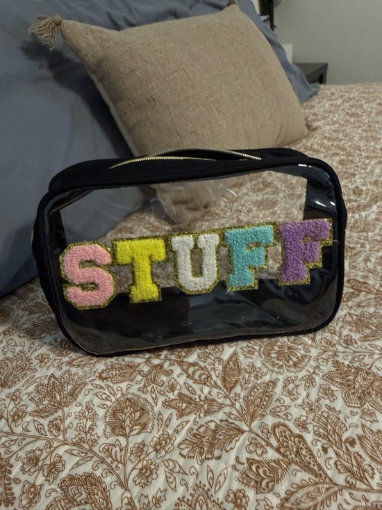 unknown Handbags - Clear Black Cosmetic Bag with Colorful 'STUFF' Patch